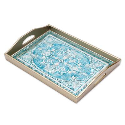 Novica Handmade Floral Marvel In Silver Reverse Painted Glass Tray