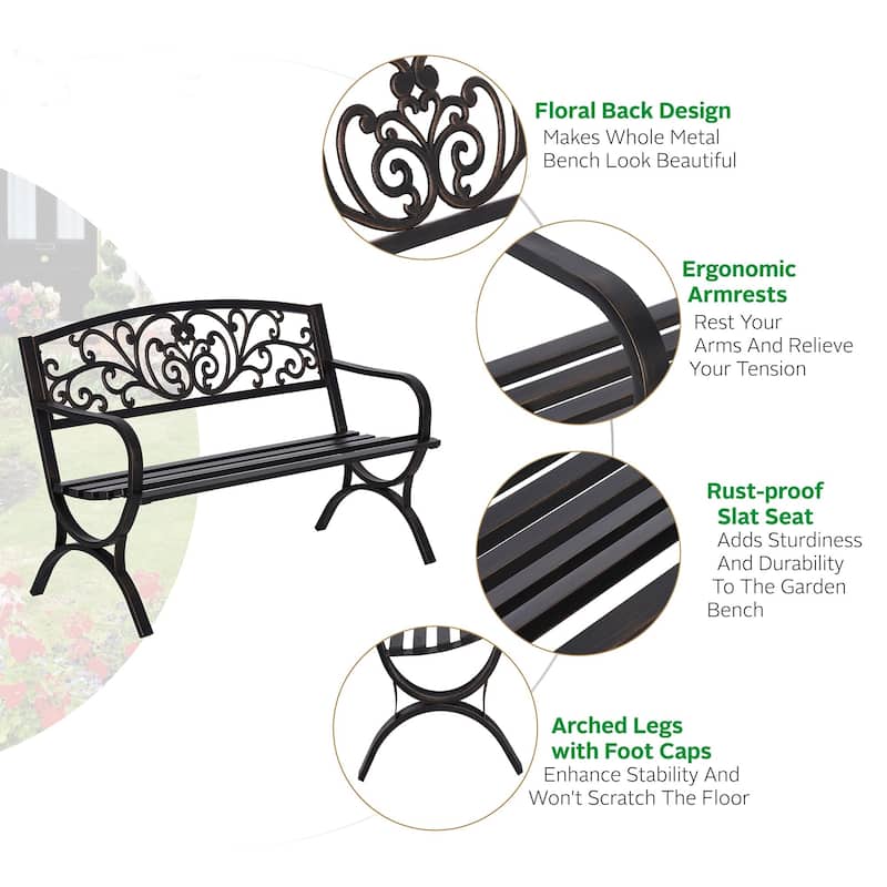 MAISON ARTS Garden Bench Cast Iron Steel Frame 50 Inch Flower Pattern Bench