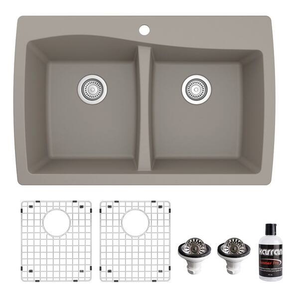 slide 2 of 57, Karran Drop-In Quartz 34 in. 1-Hole 50/50 Double Bowl Kitchen Sink Kit Concrete