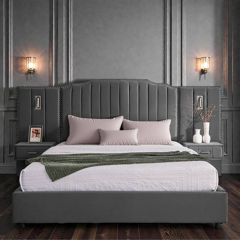 Modern Upholstered Bed Frame with Velvet Headboard, Vertical Channel Button Design, Integrated Nightstand, Platform Support - Grey - Queen