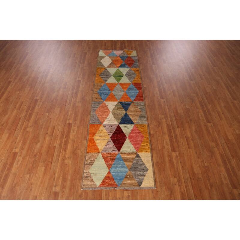 Geometric Moroccan Runner Rug Handmade Oriental Tribal Wool Carpet - 2'11" x 9'11"