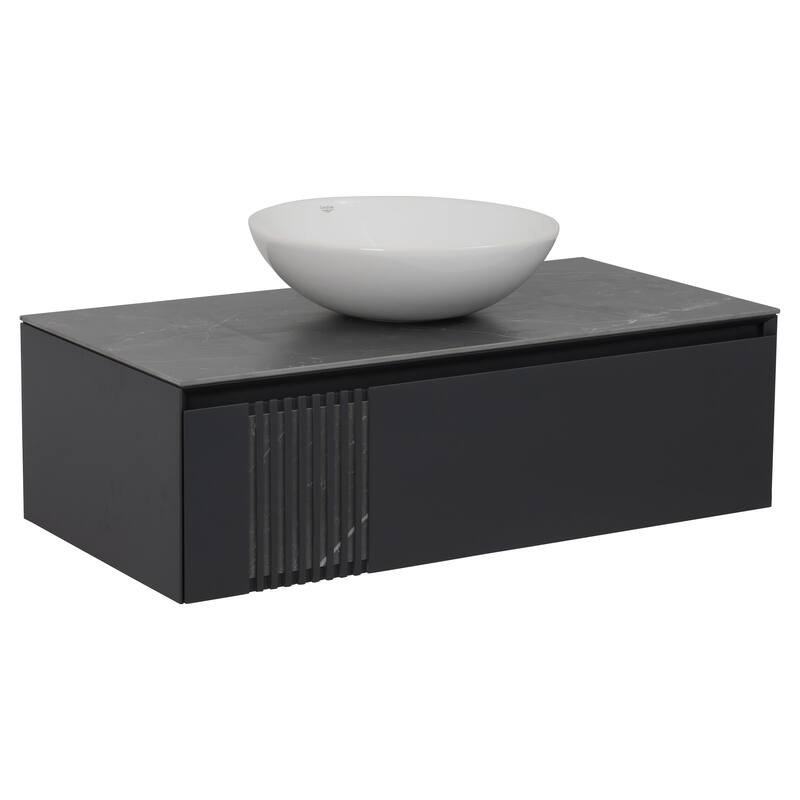 Modern Wall-Mount Bathroom Vanity with Washbasin Manhattan Concrete Non-Toxic MDF-40"-No Mirror - Grey - 14W+40+40+14W - Matte