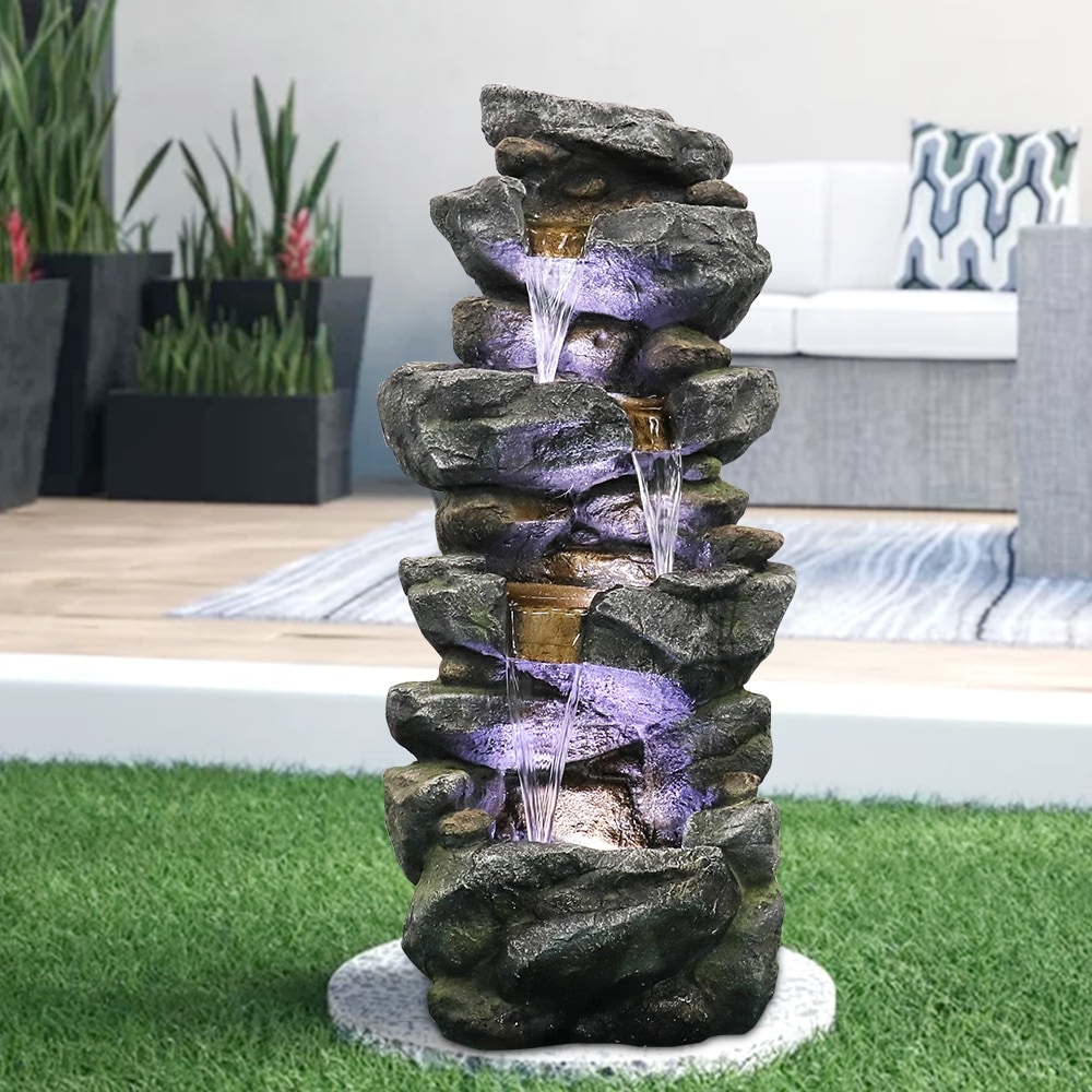 31" Electric Rock Water Fountain 4-Tier with LED Lights for Outdoor Garden Yard 