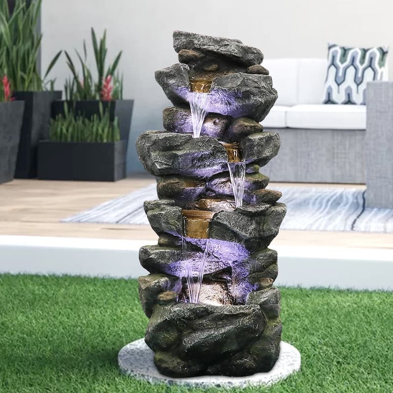 Outdoor Water Fountain w/LED Lights 4-Tier Stacked Rock Water Fountain - Floor - Polyresin - Grey