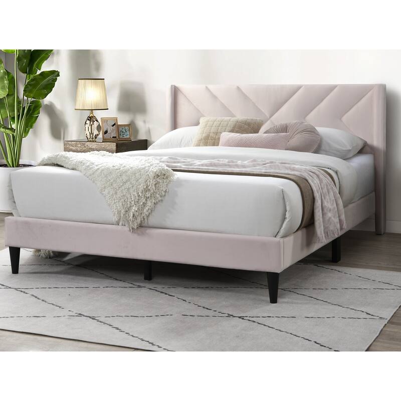 Modern Light Pink Velvet Upholstered Queen Size Bed with Geometric Headboard