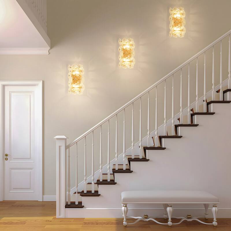 Starsky 2-Light Gold Floral Glass Wall Sconce ,Decorative Wall Lamp with Textured Glass Shade for Indoor Spaces