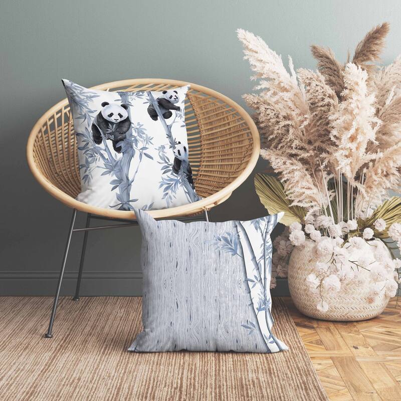 Climbing Panda Faux Suede Reversible Throw Pillow Blue and Black