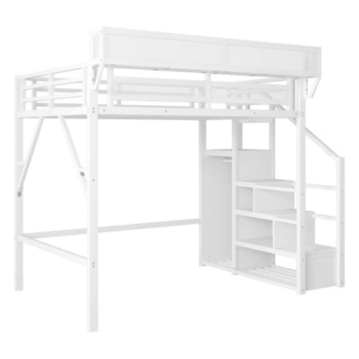 Full Loft Bed with Stairs, Metal High Loft Bed with Storage Shelves & Wardrobe for Kids Teens