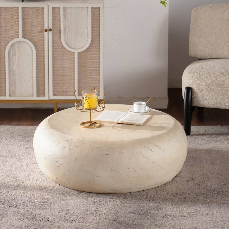 MgO Mid-Century Round Centre Coffee Table Vintage Faux Stone Sofa Pre-Modern Coffee Tables Beige Coffee Table - Amber,Beige