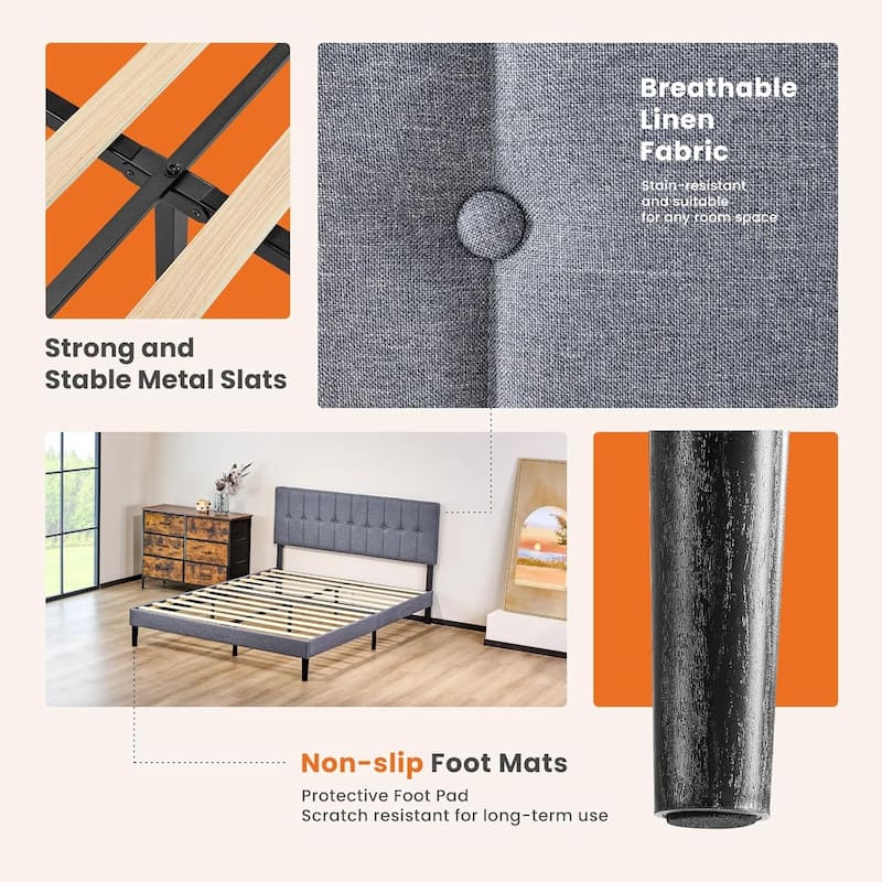 Queen Size Platform Bed Frame with Fabric Upholstered Headboard and Wooden Slats Support, No Box Spring Needed/Easy Assembly