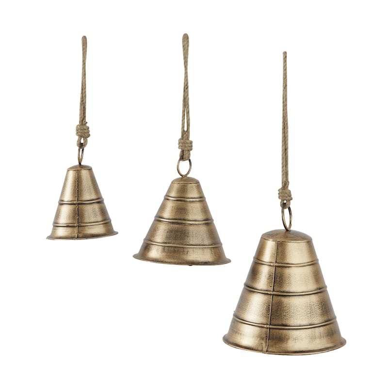 Metal Tibetan Inspired Decorative Cow Bells with Jute Hanging Rope - Set of 3 Black or Bronze - Roche River Decor