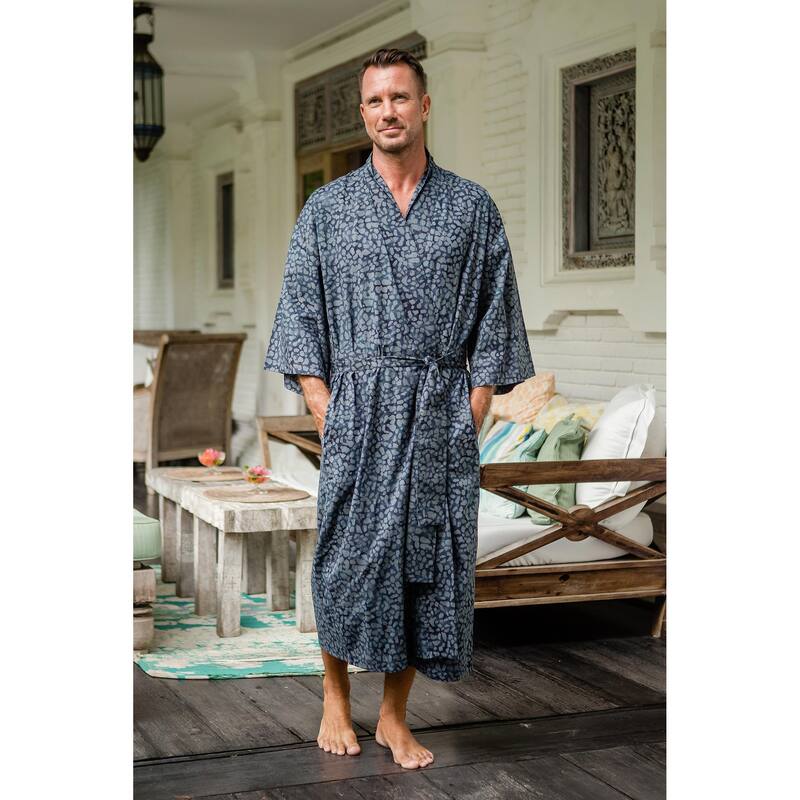 Novica Handmade Blue Midnight Mens Batik Cotton Robe