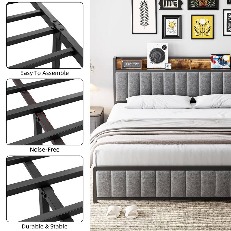 Full Size Bed Frame with Storage Headboard, Upholstered Platform Bed with USB Ports & Outlets