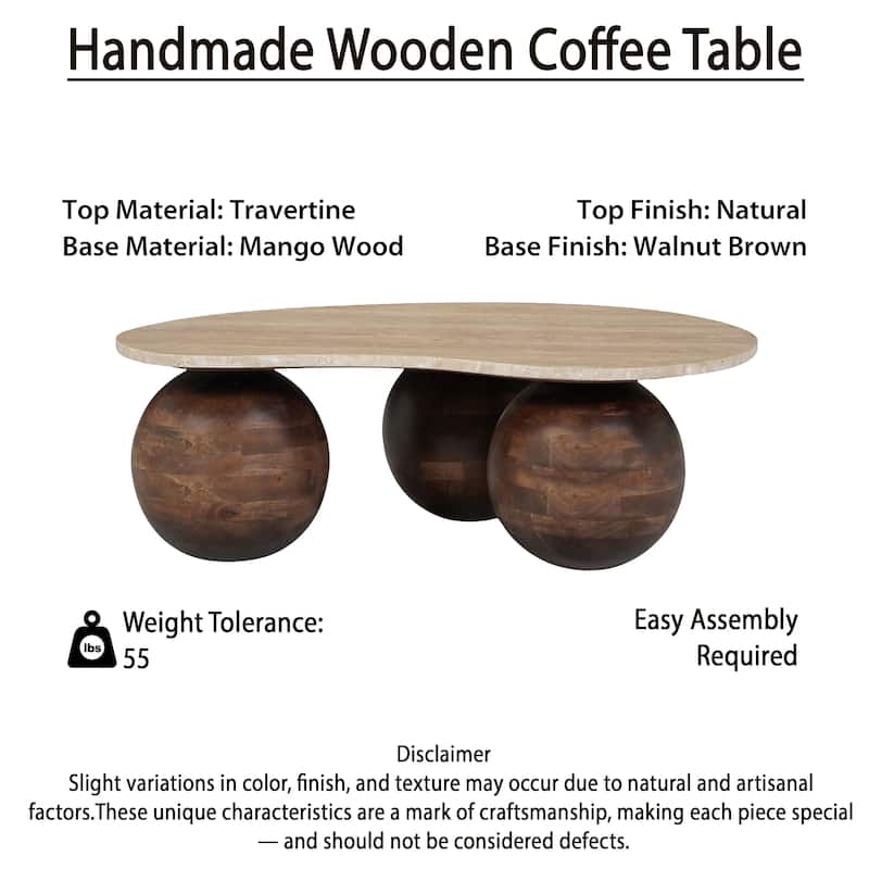 Resh Accent Coffee Table, Curved Natural Travertine Top, Round 3 Balls Wood Base