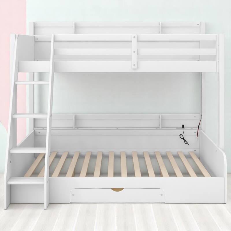 Twin Over Full Bunk Bed with Storage Shelves, LED Lights, Charging Station, and Drawer, kid bed,Storage bed