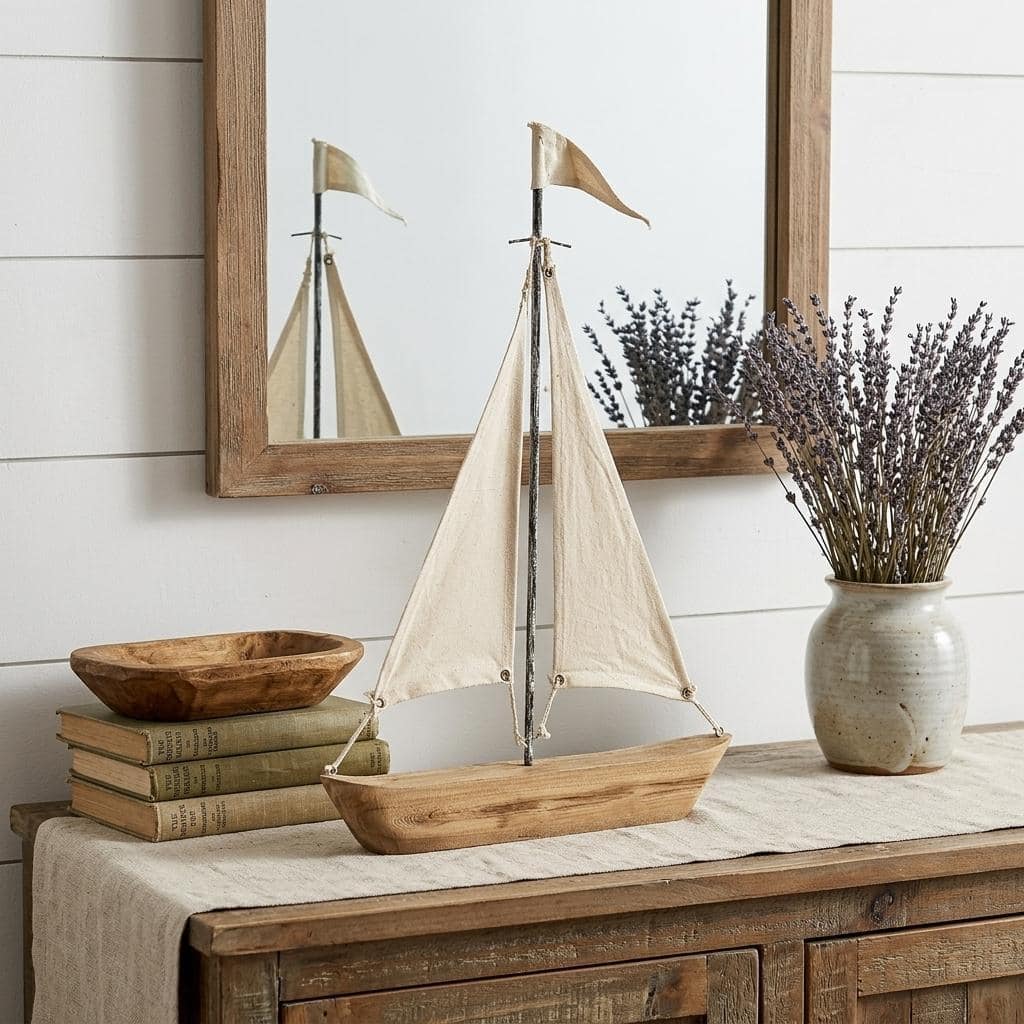 HomeRoots 21" Brown And Natural Wood Metal And Fabric Sailboat Tabletop Sculpture - 2.00 in. x 21.00 in. x 17.00 in.