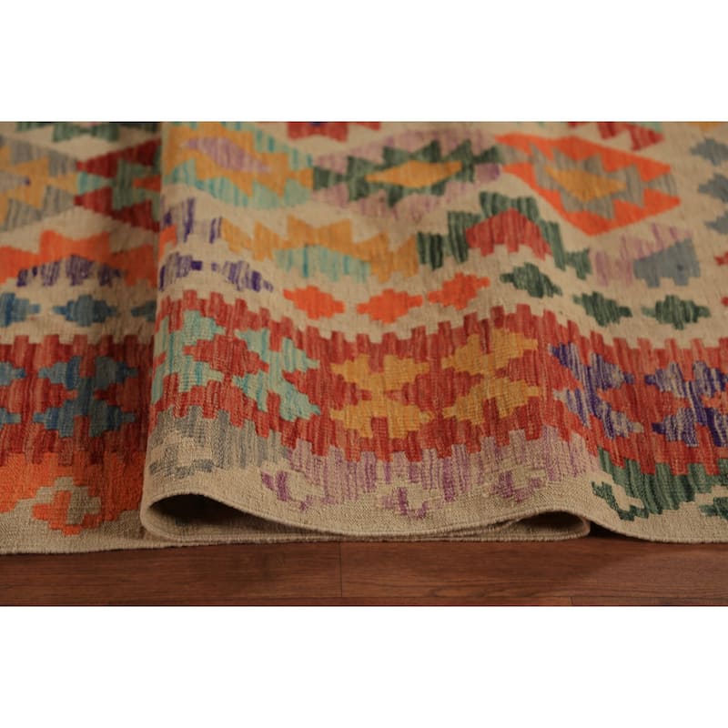 Geometric Kilim Oriental Large Rug Flatweave Wool Carpet - 10'2"x 16'10"