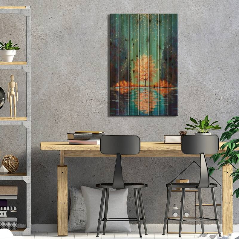 Shining Flowering Tree Among Mountains Reflected In Water Print On Wood by Valery Rybakow - Multi-Color