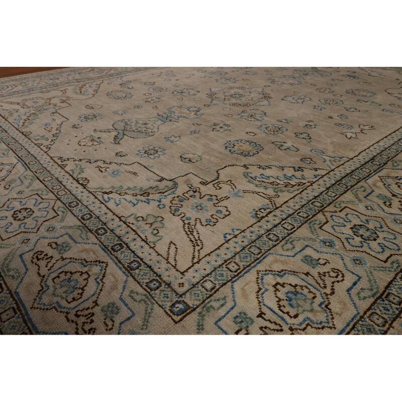 Vegetable Dye Oushak Turkish Rug Handmade Beige Floral Wool Carpet - 7'10"x 9'6"