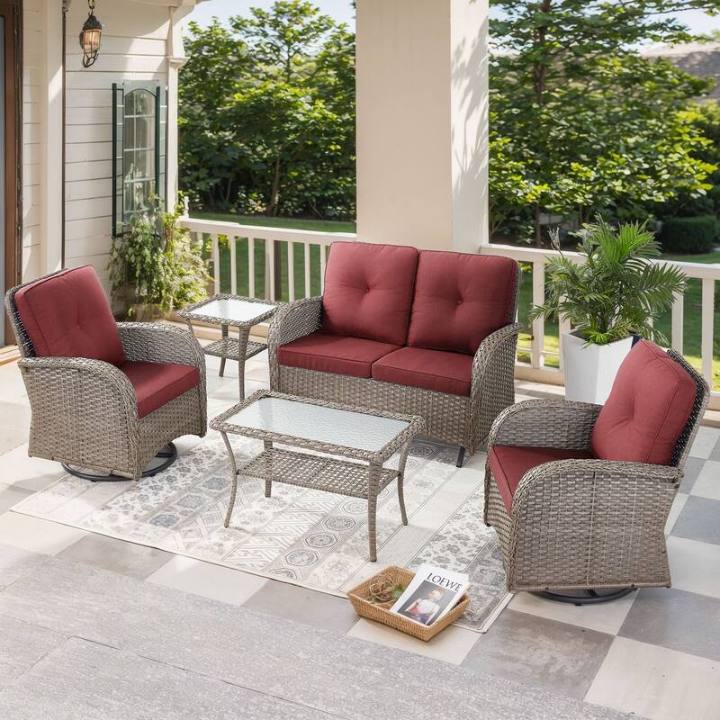 Outdoor Glider Loveseat Sofa with Swivel Chair Set - Grey - Red