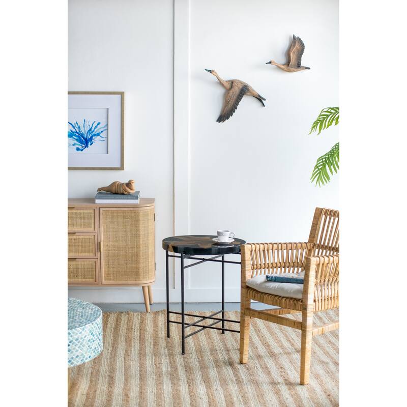 GDFStudio - Modern Side Table with Metal Frame and Round Teak Root Wood Top - 25" - Black+Brown
