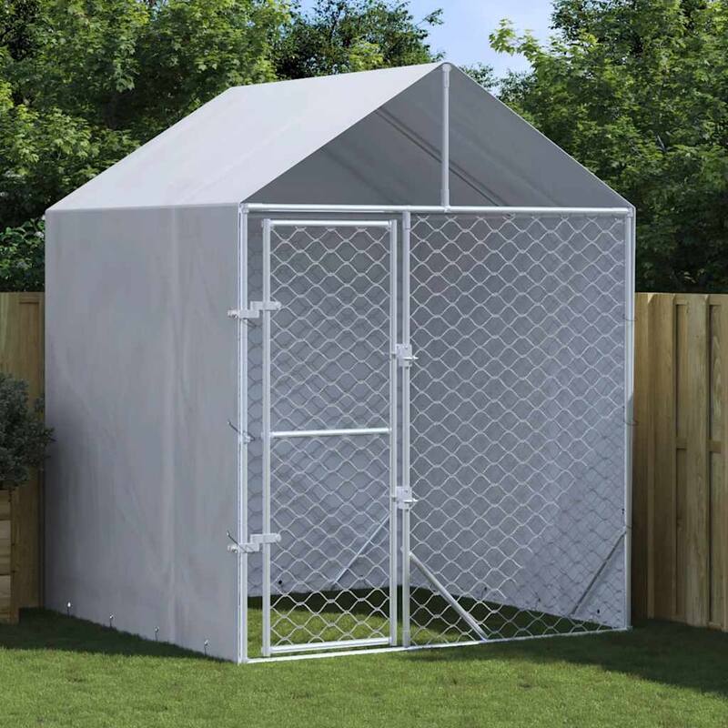 vidaXL Outdoor Dog Kennel with Roof Silver Galvanized Steel - 6.6' x 6.6' x 8.2'