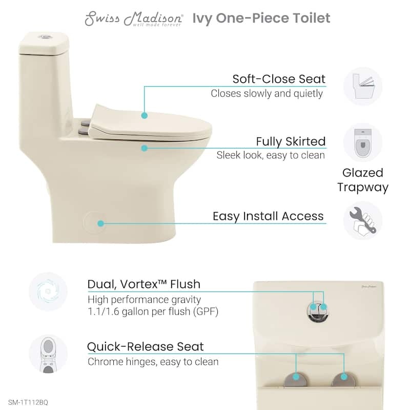 Swiss Madison SM-1T112 Ivy One Piece Dual Vortex 1.1/1.6 GPF Toilet