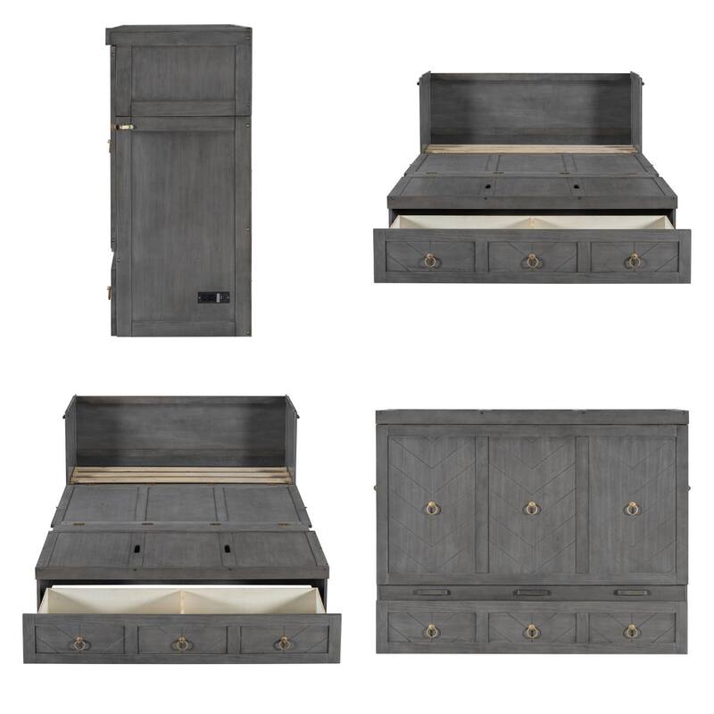 Queen Size Wood Murphy Bed with USB Port Module and Drawer