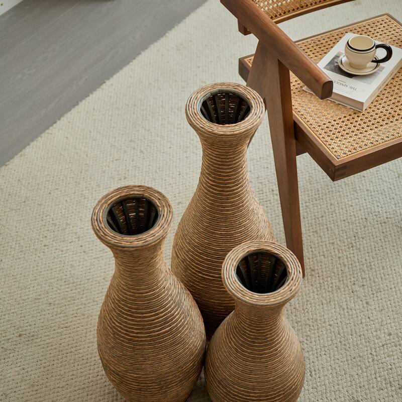 3-Piece Artificial Rattan Floor Vase - For Living Room Decoration, Entrance Or Hallway - For Dry Or Silk Flower Arrangements