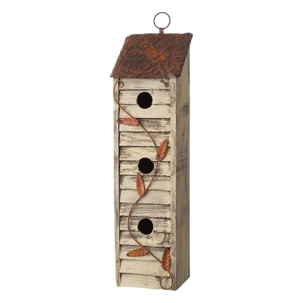 Glitzhome 18"H Three-Tier Distressed Solid Wood Window Shutters Birdhouse