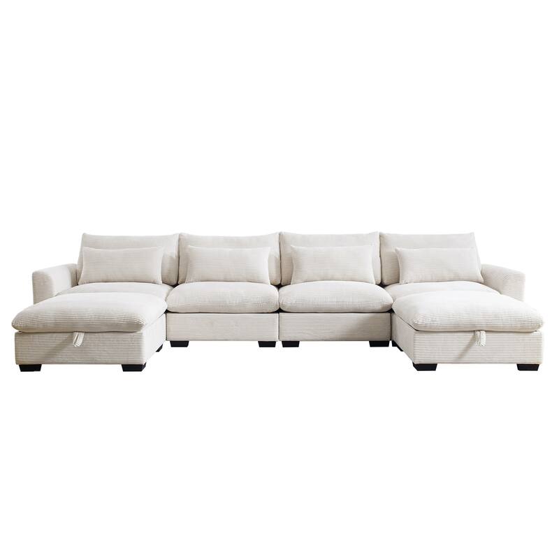 GDFStudio - Winslow Corduroy 4 Seater Sofa Couch with 2 Storage Ottomans and Pillows