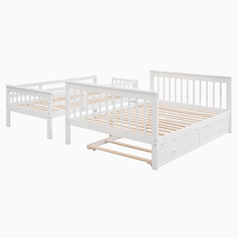 Twin Over Full Size Wood Bunk Bed with Twin size Trundle, Stairway, Storage and Guard Rail