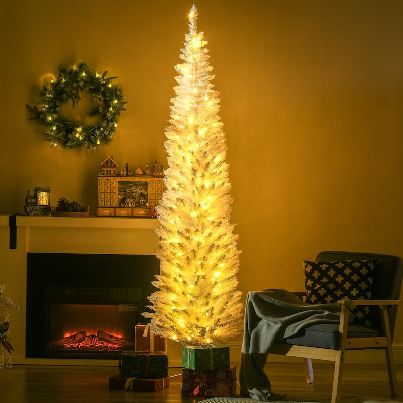 HOMCOM 7' Tall Pre-Lit Slim Noble Fir Artificial Christmas Tree with Realistic Branches, 200 Warm White LED Lights and 499 Tips - White