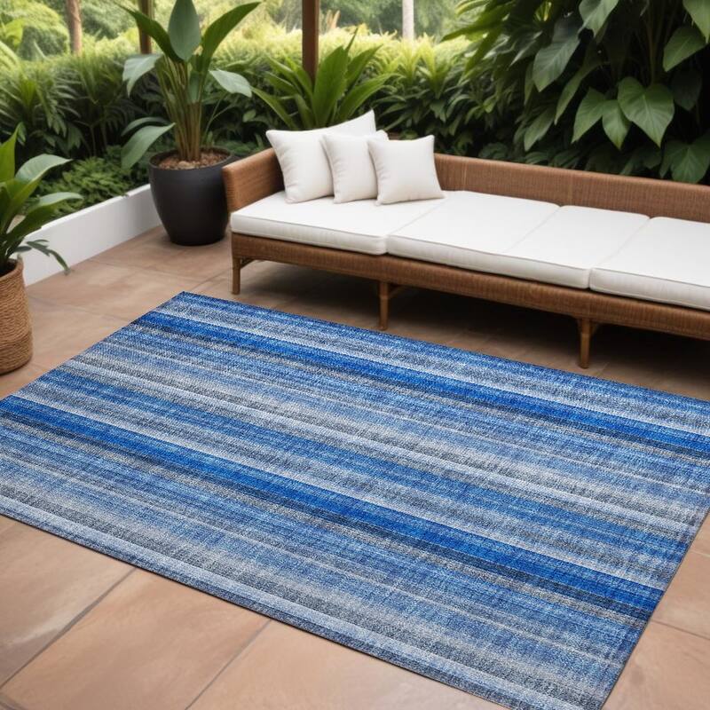 Elle Stripe Weather Resistant Timeless Fusion Outdoor Rug - 10' X 14' - Blue