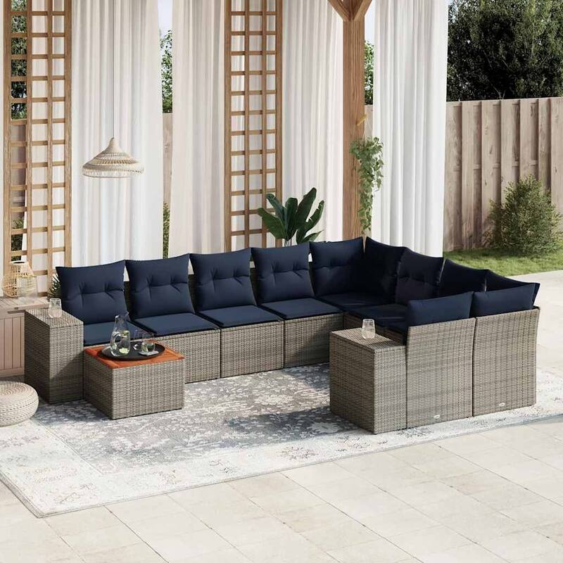 vidaXL 10 Piece Patio Sofa Set with Cushions Gray Poly Rattan - 122x33.5x92.1 - 10 pieces