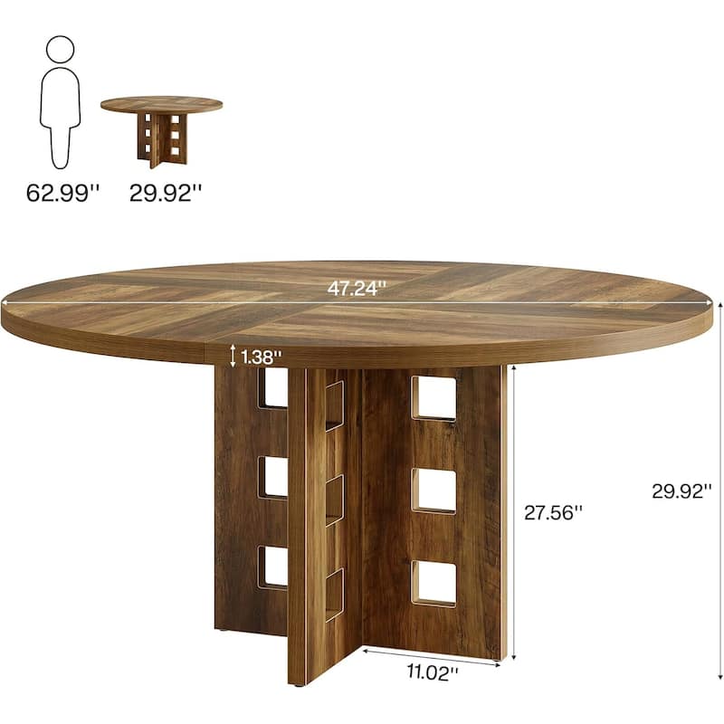 Round Dining Table, 47-Inch Farmhouse Wood Kitchen Table with Sturdy Pedestal Base