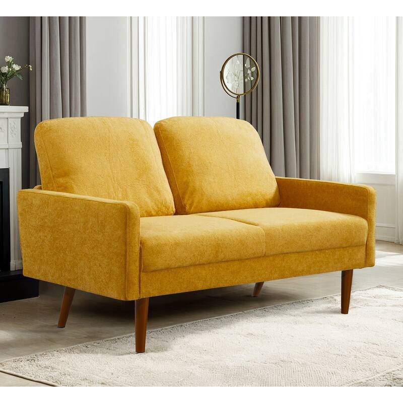 Velvet Upholstered Loveseat Sofa, Small Loveseat Sofa Couch with Rubber Wood Legs, 2 Seater Couch with Throw Pillow