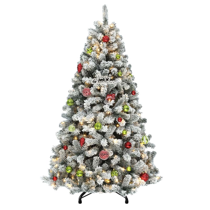 6 /7.5 /9 ft Prelit Snow Flocked Christmas Tree with Remote, 11 Light Modes & Foldable Base