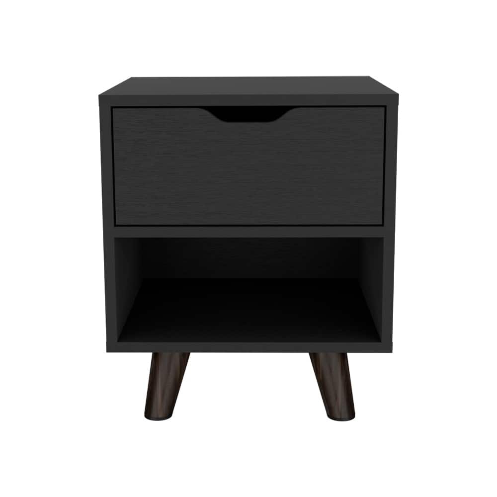 Black Nightstand with Display Shelf and Spacious Drawer