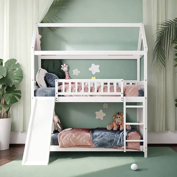 slide 2 of 26, Stylish Twin Over Twin Bunk Bed with Built-in Slide, House Bed with Slide, Maximized Space Saving White