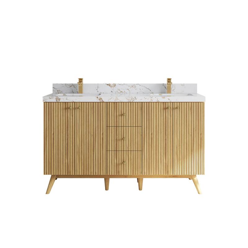 Willow Collections 60 in. W x 22 in. D Pasadena Solid Teak Double Sink Bathroom Vanity with Countertop