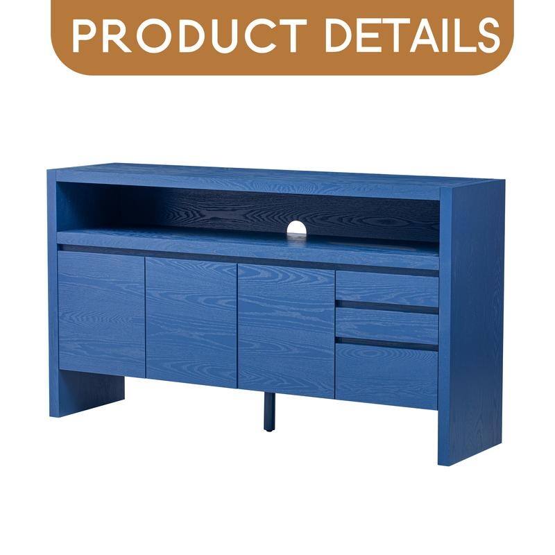 60" 3-Door Sideboard with 3 Drawers - Modern Solid Ash Veneer MDF Sideboard, Semi-Open Shelf & Center Semi-Circular Cutout