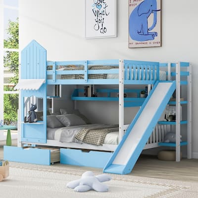 Full over Full Size Solid Wood Castle Style Bunk Bed with 2 Drawers 3 Shelves and Slide for Kids, Bedroom