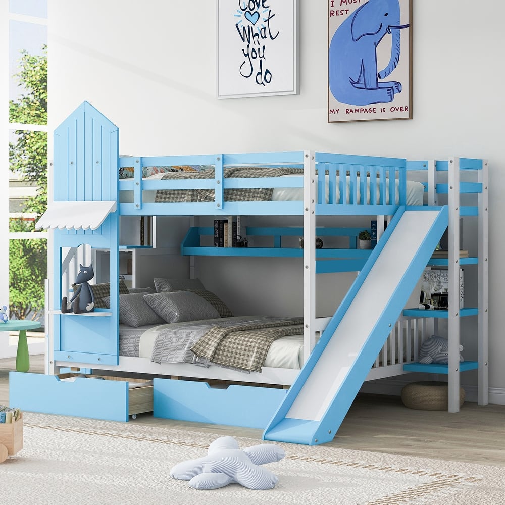 Full over Full Size Solid Wood Castle Style Bunk Bed with Drawers and Slide