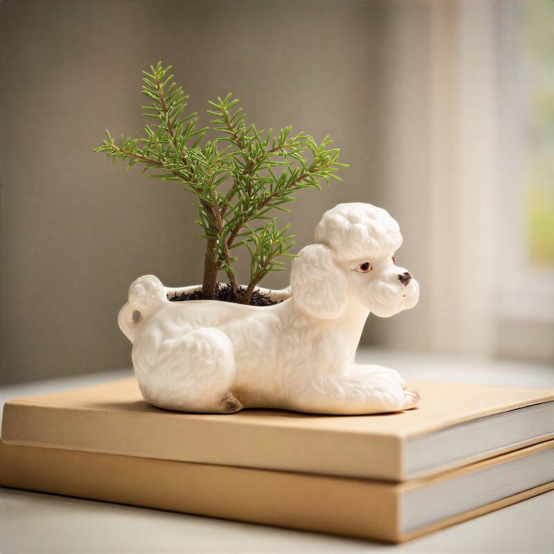 Vintage Reproduction Poodle Planter in Hand-Painted Stoneware - 8.0"L x 6.0"W x 5.5"H - White