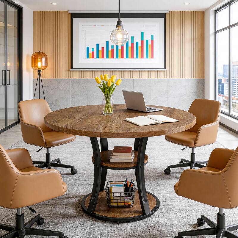 39" Round Conference Table with 2-Tier Storage Shelf for Meeting Room - 39.37" D x 39.37" W x 29.53" H