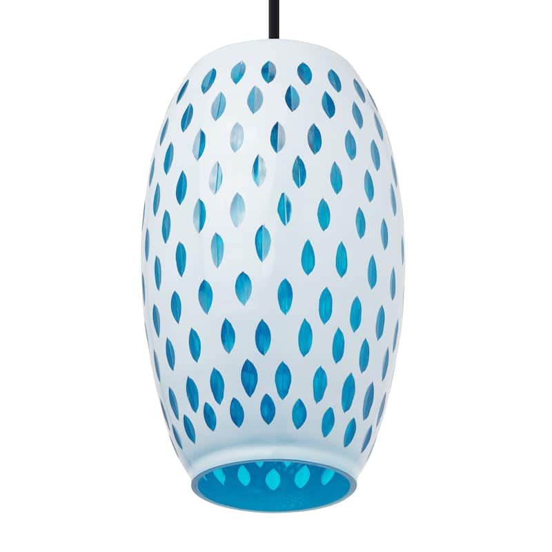 Adriana River of Goods Black Metal and White/Blue Glass 6-Inch Pendant Light with Adjustable Hanging Cord - 6" x 6" x 70.75"