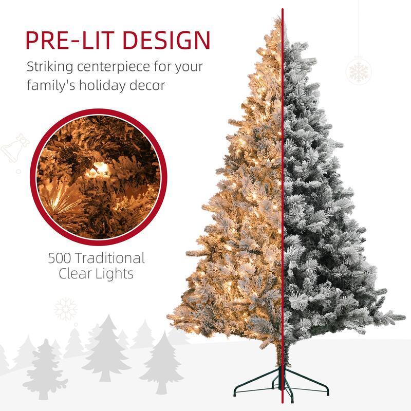 7.5 ft Pre-Lit Artificial Christmas Tree with 500 Clear Lights and 1530 Tips, Snow Flocked Christmas Tree - Green