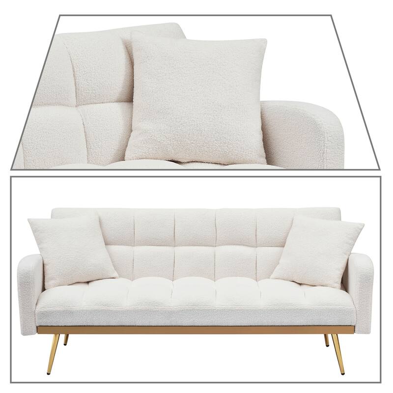 Classic Teddy Fabric Upholstered Convertible Futo Sofa Bed with 2 Throw Pillows