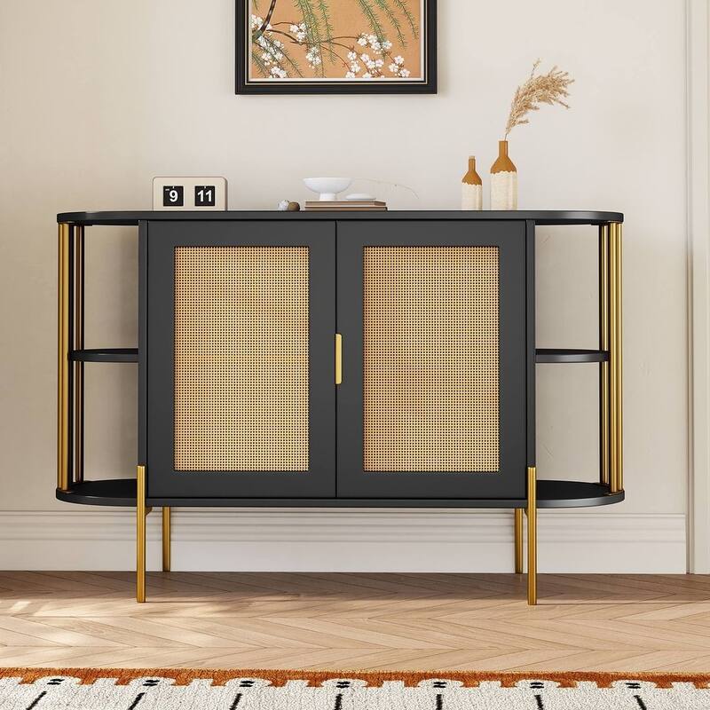 Sideboard Buffet Cabinets with Woven Ratta Doors, Curved Kitchen Storage Cabinets, Wood Coffee Bar Tables - Black